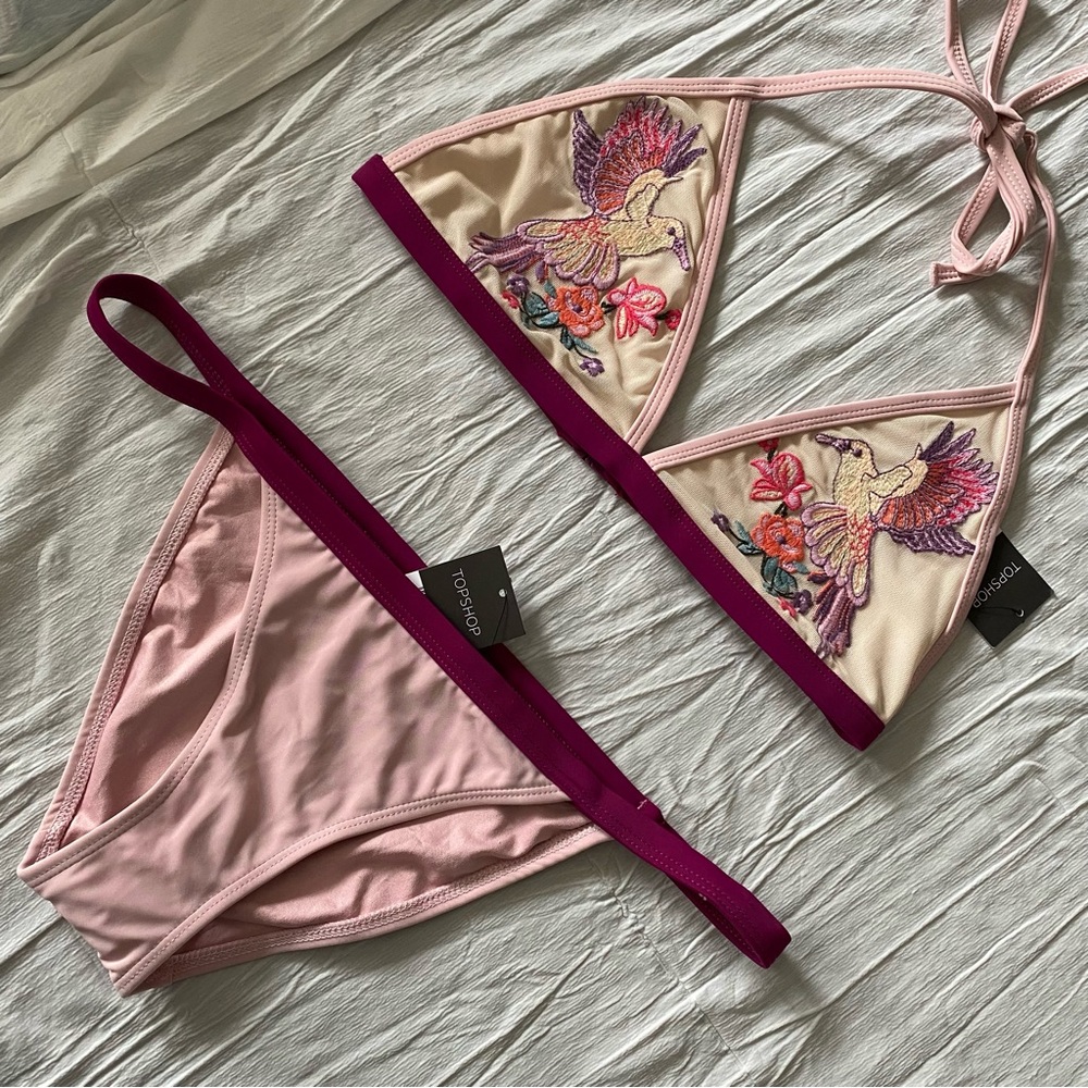 Topshop New Bikini Set Embroidered Top Bird & Flower Print 6 Pink Wine Swimsuit